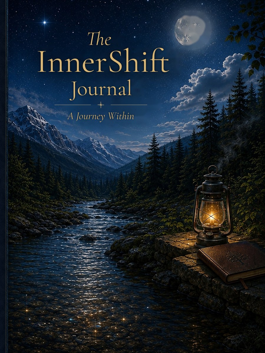 InnerShift Journal cover — a lantern-lit reflective path through mountains and forest